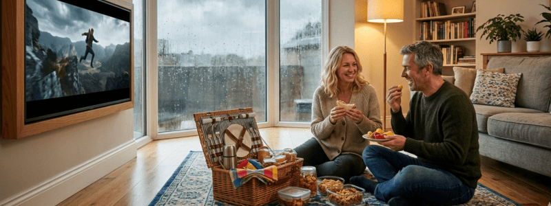 A couple adapted to the change in weather and decided to have their picnic indoors!